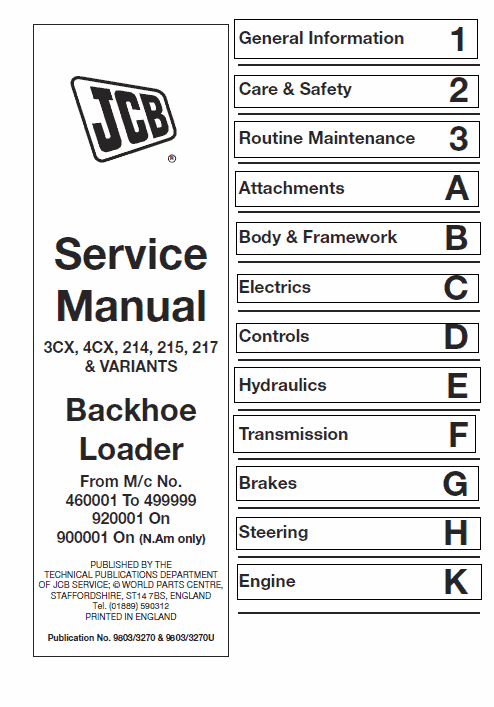 JCB 3CX, 4CX, 214, 215, 217 Loader Service Repair Manual (460001 to 499999 & 900001 – 929999) Workshop Guide