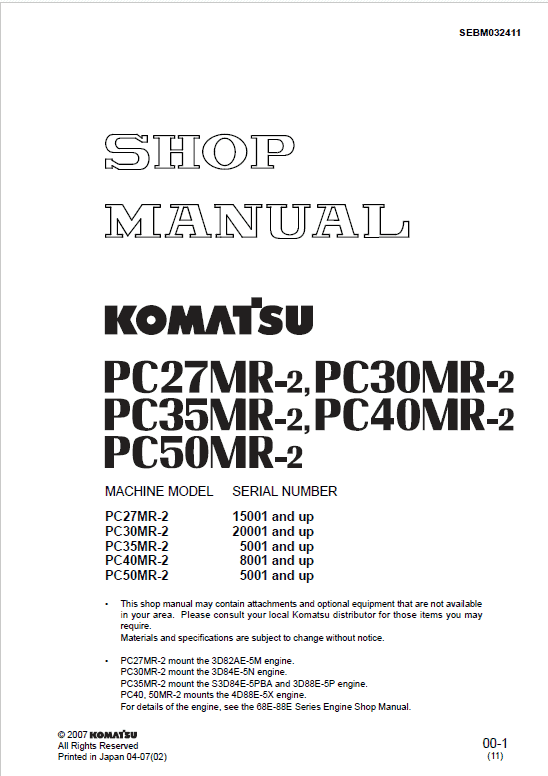 Komatsu PC27MR-2, PC30MR-2, PC35MR-2, PC40MR-2, PC50MR-2 Excavator Manual Workshop Guide
