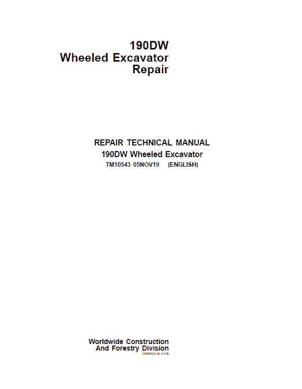 John Deere 190DW Wheeled Excavator Repair Technical Manual Workshop Guide