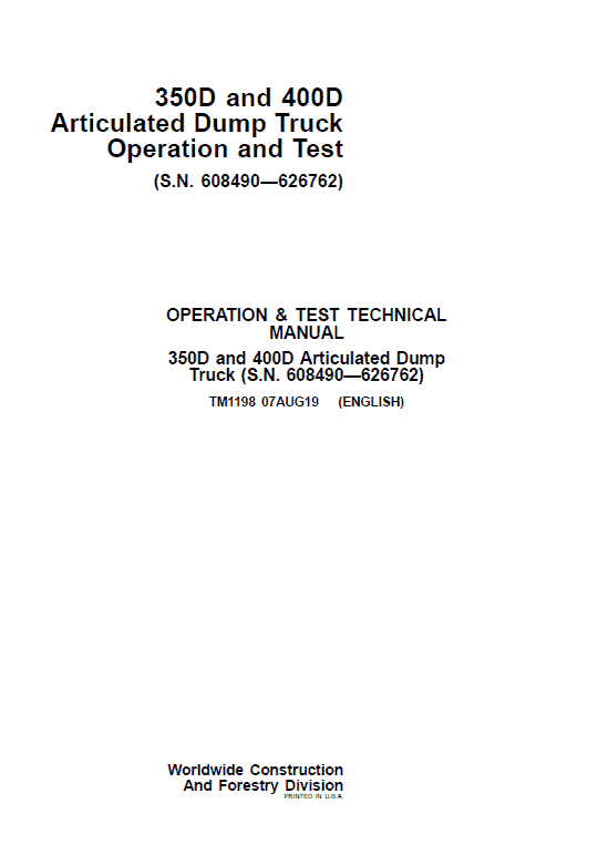 John Deere 350D, 400D Articulated Dump Truck Repair Manual (S.N 608490 – 626762) Workshop Guide