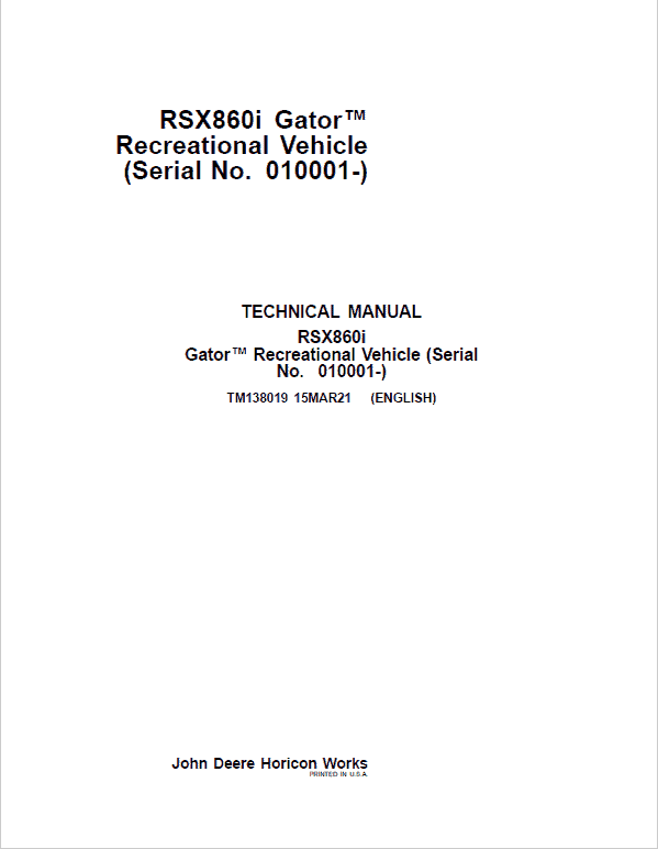 John Deere RSX860i Gator Recreational Vehicle Repair Manual (S.N after 010001-) Workshop Guide