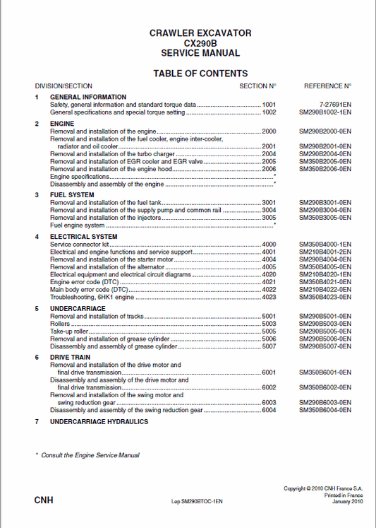 Case CX290B Crawler Excavator Service Manual Workshop Guide