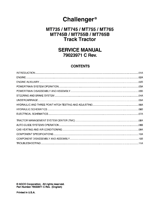 Challenger MT745B, MT755B, MT765B Tractor Service Manual Workshop Guide