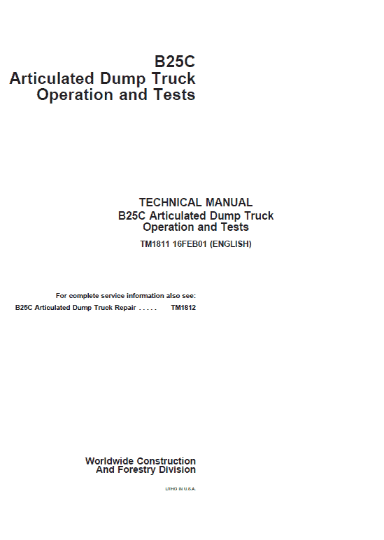 John Deere B25C Articulated Dump Truck Repair Technical Manual Workshop Guide