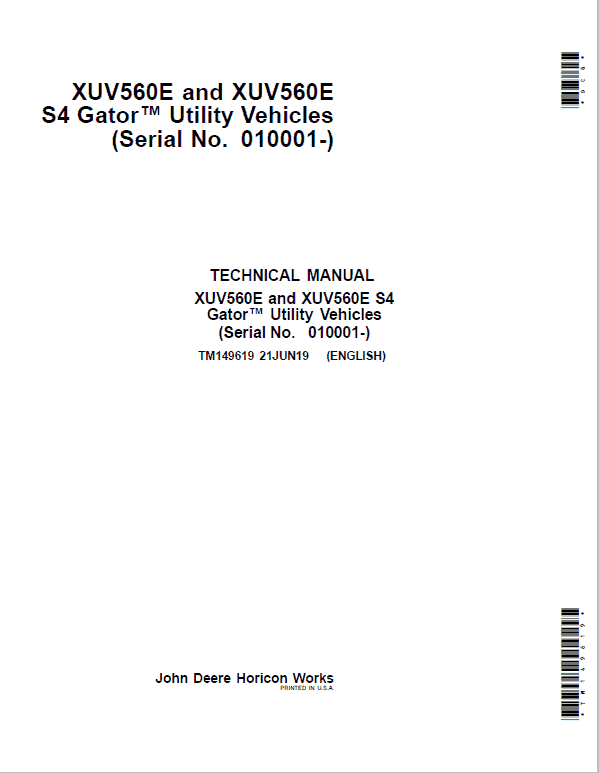 John Deere XUV560E, XUV560E S4 Gator Utility Vehicles Repair Manual (S.N 010001 – 040000) Workshop Guide