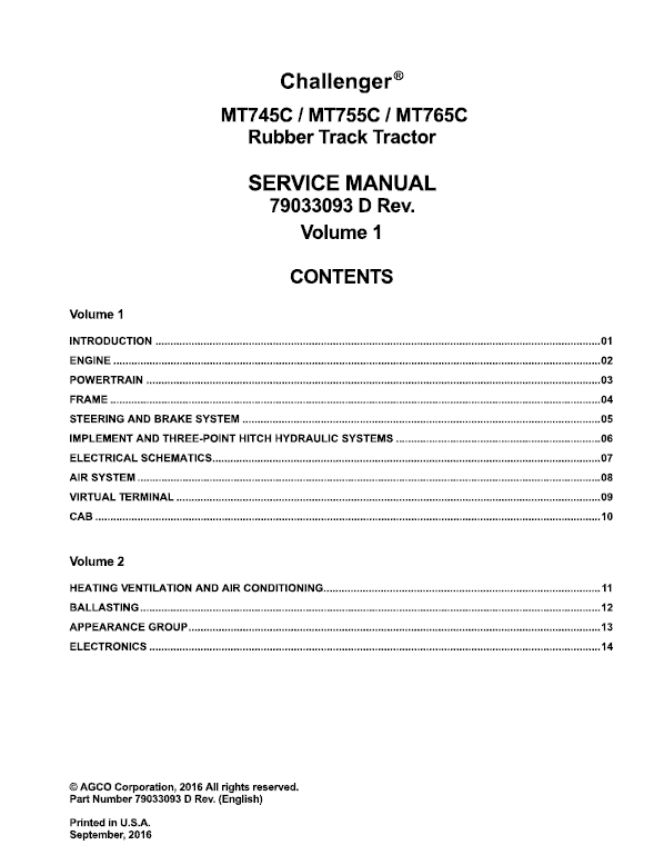 Challenger MT745C, MT755C, MT765C Tractor Service Manual Workshop Guide