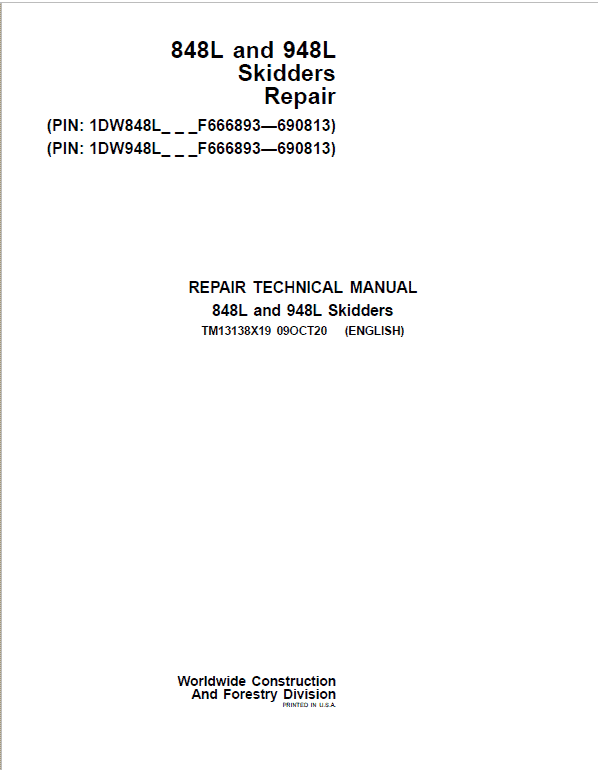 John Deere 848L, 948L Skidder Repair Technical Manual (S.N F666893 – F690813) Workshop Guide