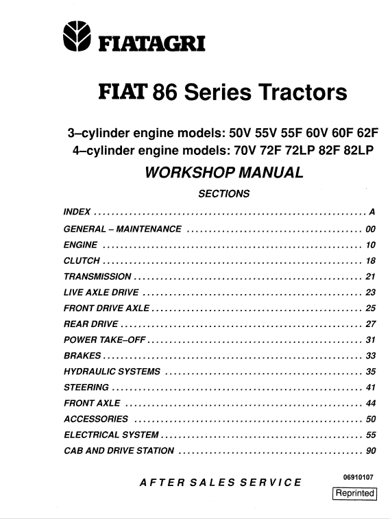 Fiat 50V, 55V, 55F, 60V, 60F, 62F Tractor Service Manual Workshop Guide