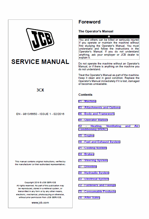JCB 3CX Backhoe Loader Service Repair Manual (1918307- 1920000 & 2416001- 2416350 & 2496751- 2616002) Workshop Guide