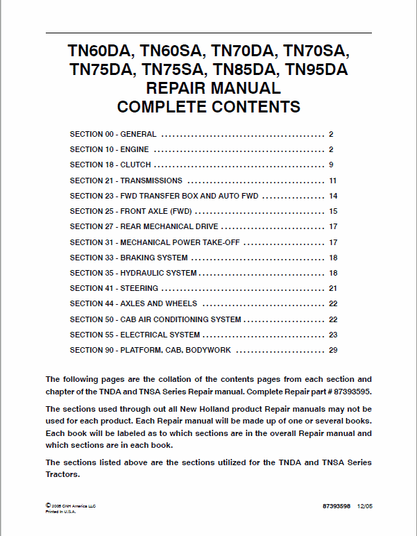 New Holland TN60DA, TN70DA, TN75DA, TN85DA, TN95DA Tractor Manual Workshop Guide