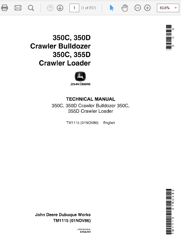 John Deere 350C, 350D, 355D Crawler Tractor Loaders Technical Manual (TM1115) Workshop Guide