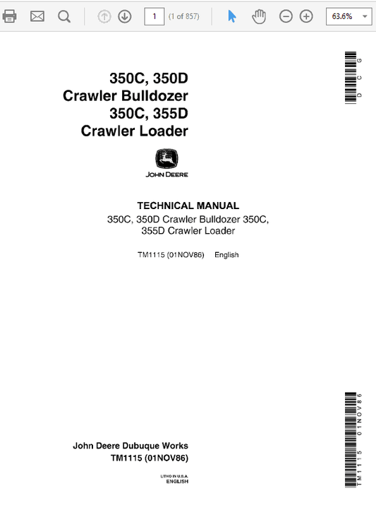 John Deere 350C, 350D, 355D Crawler Tractor Loaders Technical Manual (TM1115) Workshop Guide