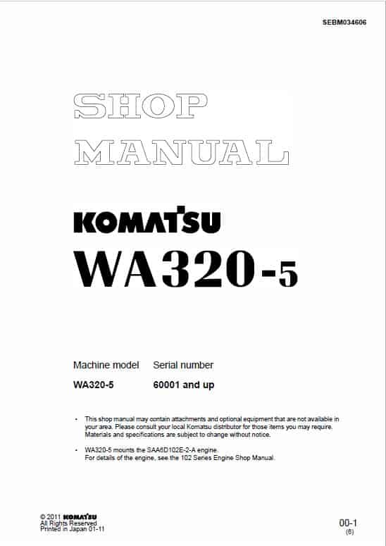 Komatsu WA320-5, WA320-5H Wheel Loader Service Manual Workshop Guide