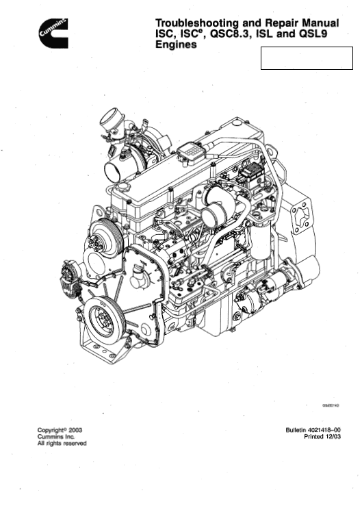 Cummins ISC, QSC8.3, ISL and QSL9 Engines Shop Service Manual Workshop Guide