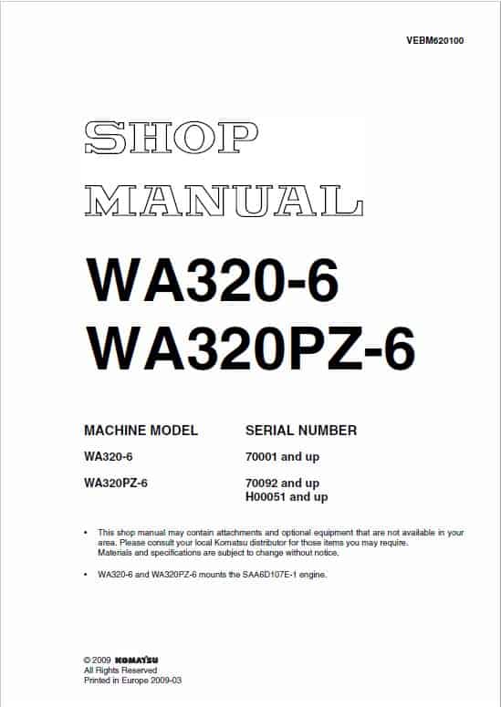Komatsu WA320-6, WA320PZ-6 Wheel Loader Service Manual Workshop Guide
