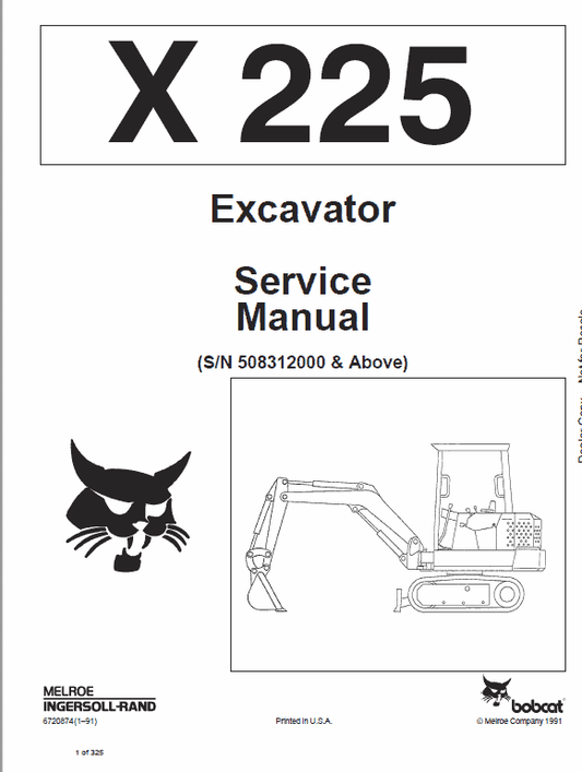 Bobcat X225 Excavator Service Manual Workshop Guide