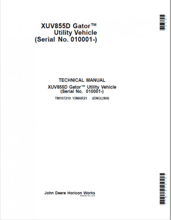 John Deere XUV855D Gator Utility Vehicle Repair Technical Manual (TM107219) Workshop Guide