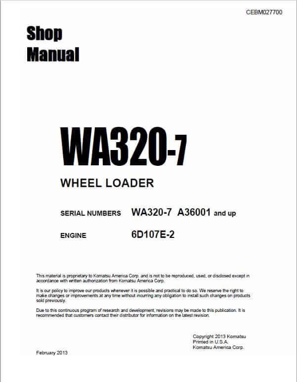 Komatsu WA320-7 Wheel Loader Service Manual Workshop Guide