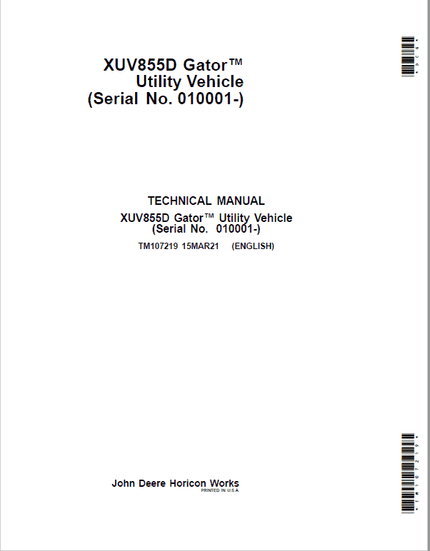 John Deere XUV855D Gator Utility Vehicle Repair Technical Manual (TM107219) Workshop Guide