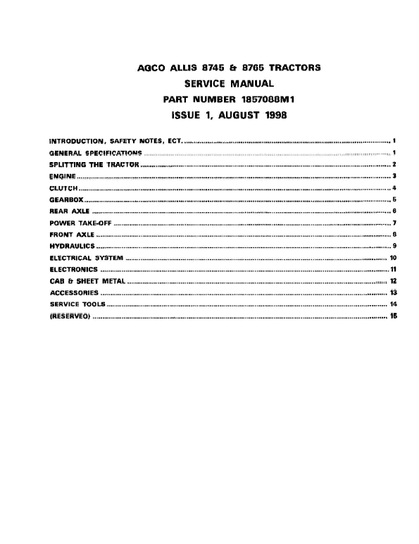 AGCO Allis 8745, 8765 Tractors Service Manual Workshop Guide