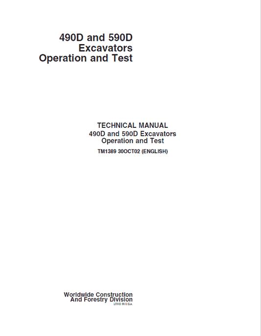 John Deere 490D, 590D Excavators Repair Technical Manual Workshop Guide