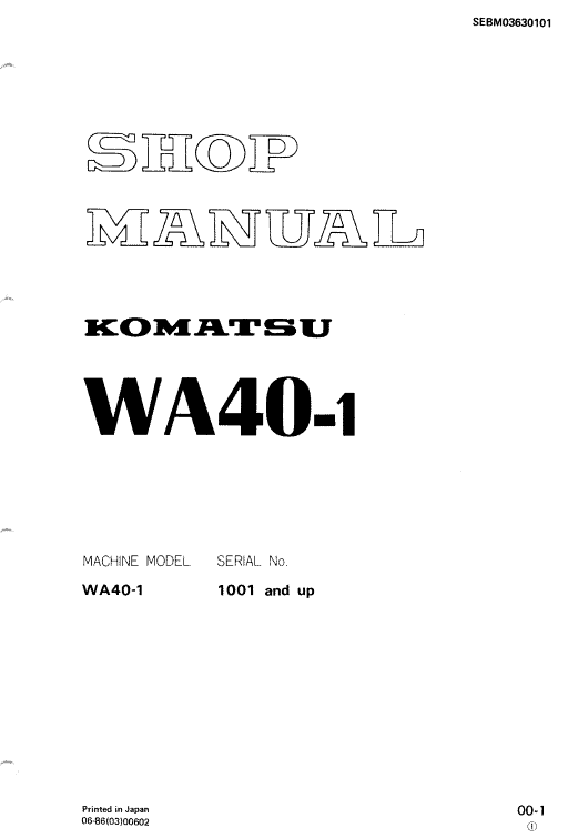 Komatsu WA40-1 Wheel Loader Service Manual Workshop Guide
