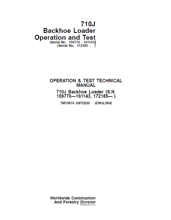 John Deere 710J Backhoe Loader Technical Manual (S.N 159770 – 161143 and after 172185 – ) Workshop Guide