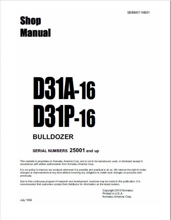 Komatsu D31A-16, D31P-16 Dozer Service Manual Workshop Guide