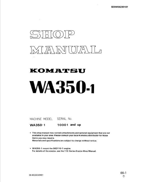 Komatsu WA350-1 Wheel Loader Service Manual Workshop Guide