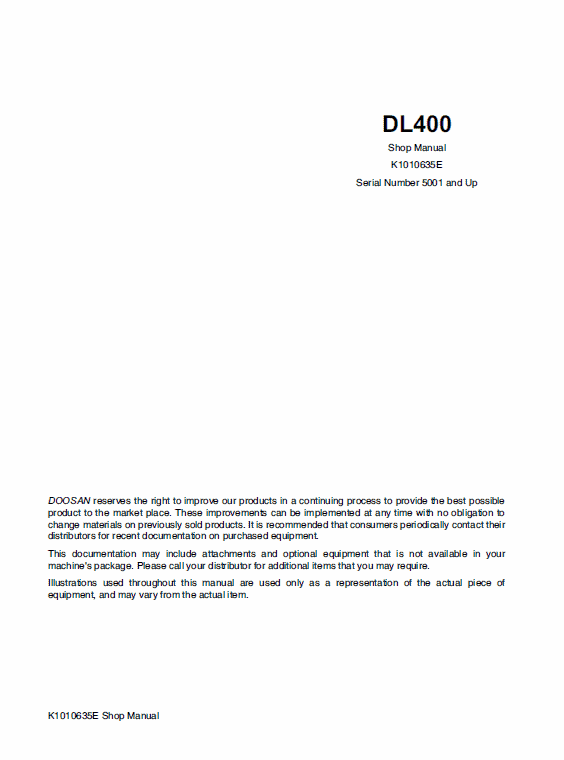 Doosan Daewoo DL400 Wheeled Loader Service Manual Workshop Guide