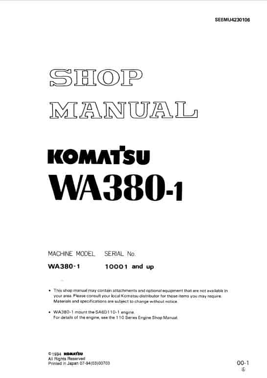 Komatsu WA380-1 Wheel Loader Service Manual Workshop Guide