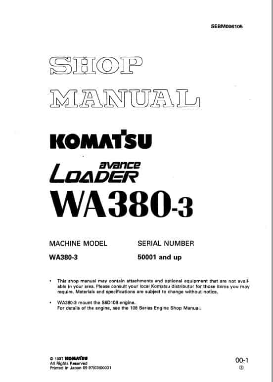 Komatsu WA380-3 Wheel Loader Service Manual Workshop Guide