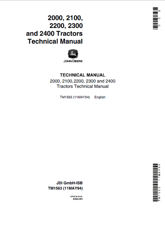 John Deere 2000, 2100, 2200, 2300, 2400 Tractors Repair Technical Manual Workshop Guide