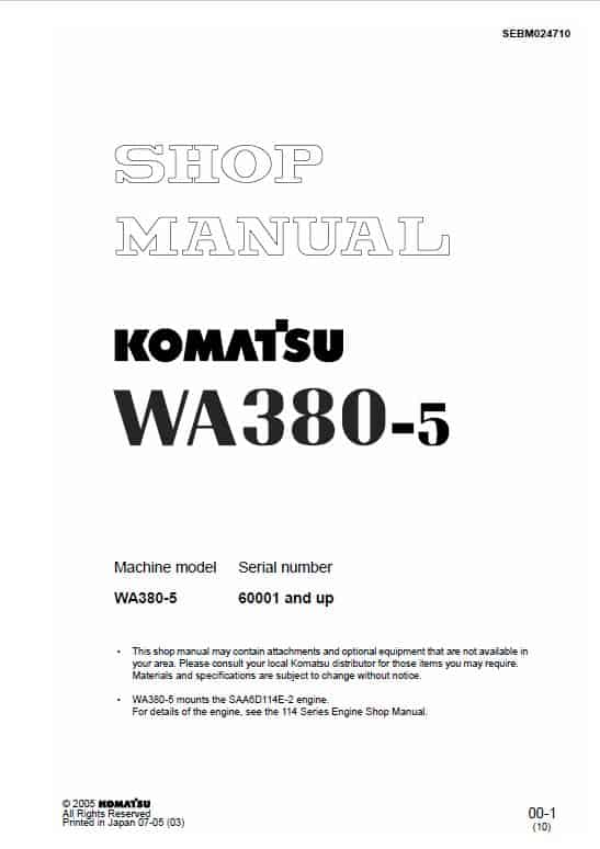 Komatsu WA380-5, WA380-5H Wheel Loader Service Manual Workshop Guide