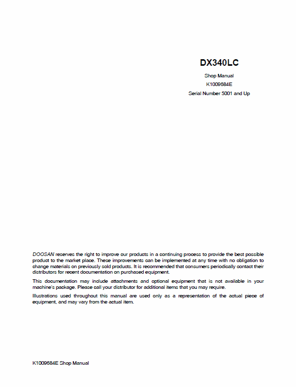 Doosan Daewoo DX340LC Excavator Service Manual Workshop Guide