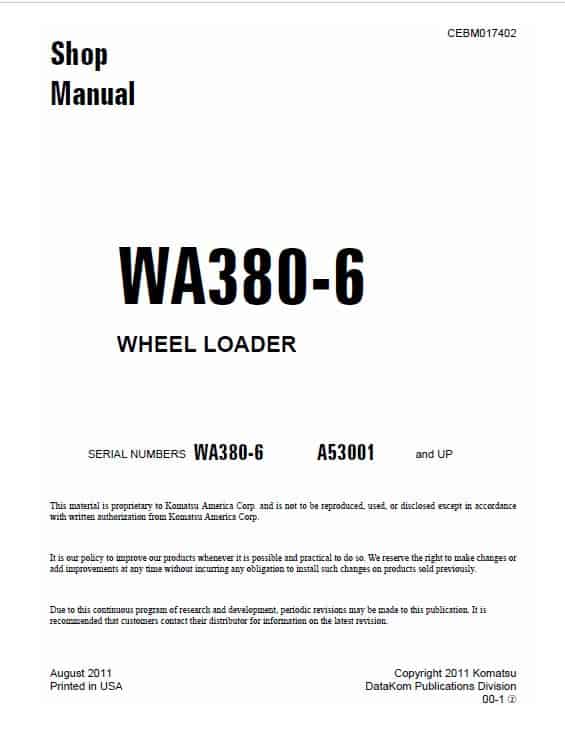 Komatsu WA380-6 Wheel Loader Service Manual Workshop Guide