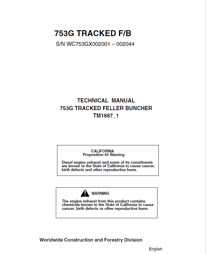 John Deere 753G Feller Buncher Service Repair Manual (002001 – 002044) Workshop Guide