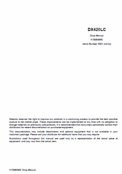 Doosan Daewoo DX420LC Excavator Service Manual Workshop Guide