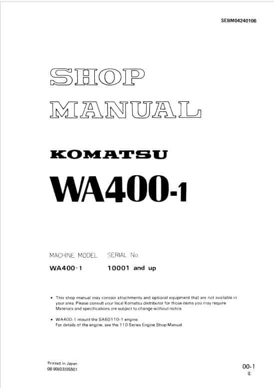 Komatsu WA400-1 Wheel Loader Service Manual Workshop Guide