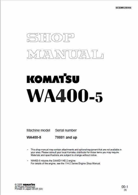 Komatsu WA400-5 Wheel Loader Service Manual Workshop Guide