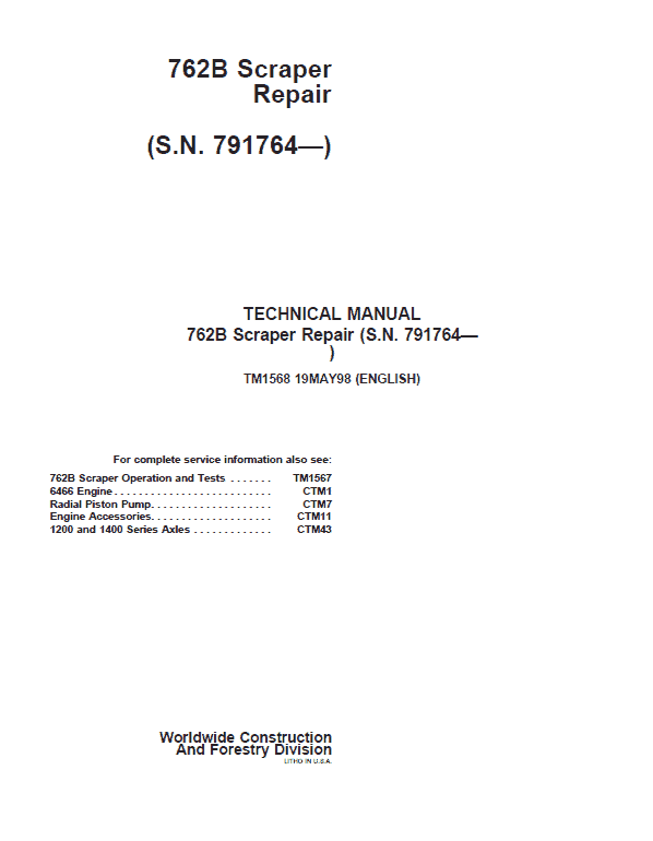 John Deere 762B Scraper Repair Technical Manual (S.N after 791764) Workshop Guide