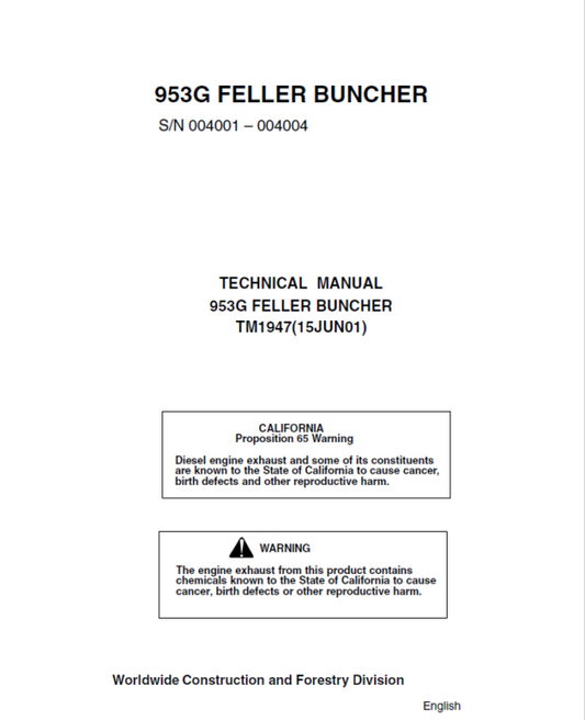 John Deere 953G Feller Buncher Service Repair Manual (SN 004001 – 004004) Workshop Guide