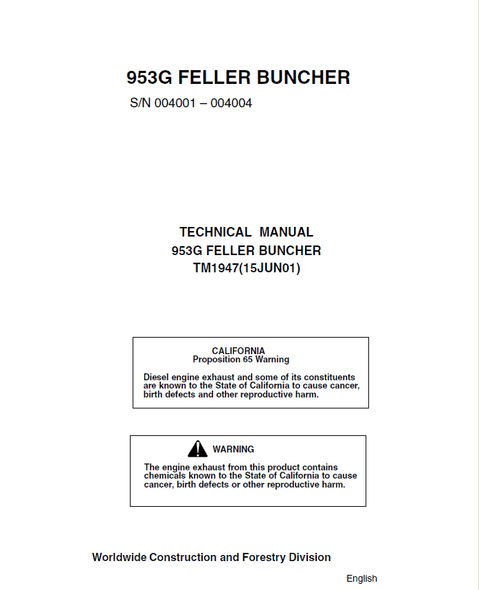 John Deere 953G Feller Buncher Service Repair Manual (SN 004001 – 004004) Workshop Guide