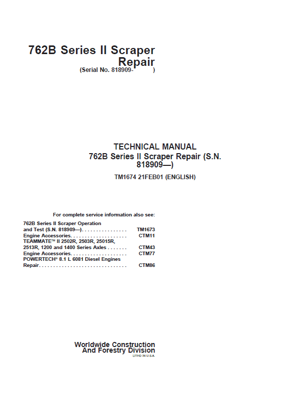 John Deere 762B Series II Scraper Repair Technical Manual (S.N after 818909) Workshop Guide