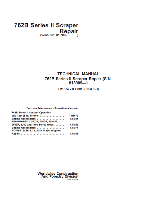 John Deere 762B Series II Scraper Repair Technical Manual (S.N after 818909) Workshop Guide