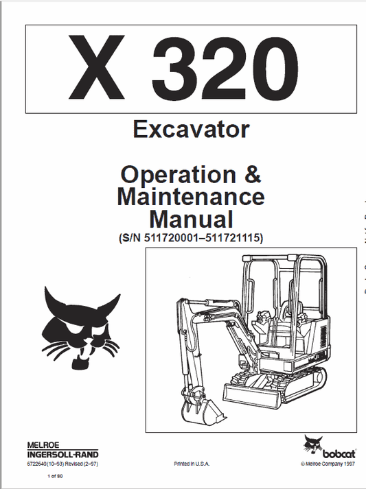 Bobcat X320, and X322 Excavator Service Manual Workshop Guide