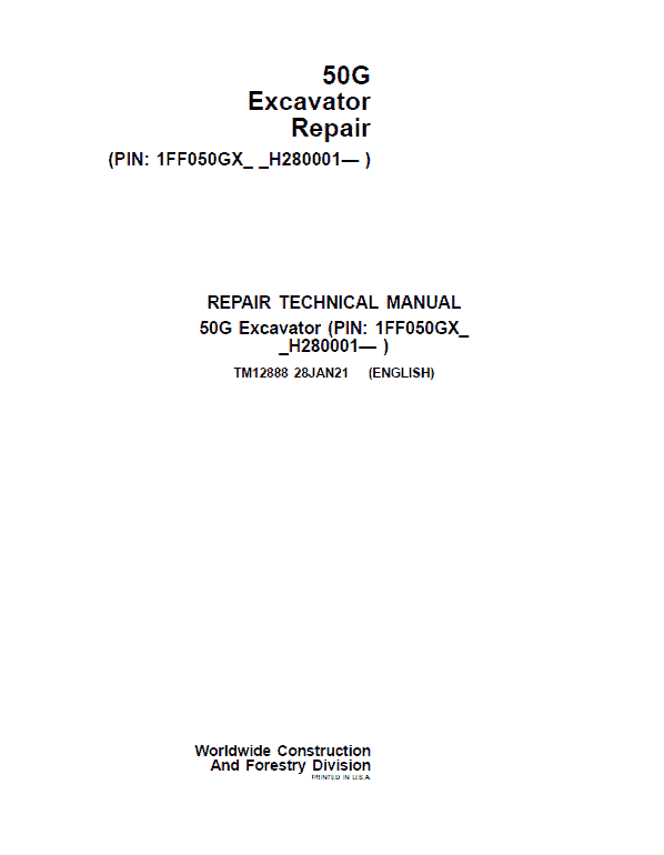 John Deere 50G Excavator Repair Technical Manual (S.N after H280001 – ) Workshop Guide