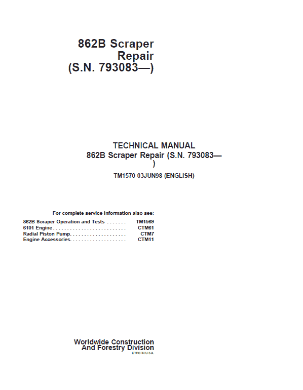 John Deere 862B Scraper Repair Technical Manual (S.N after 793083) Workshop Guide