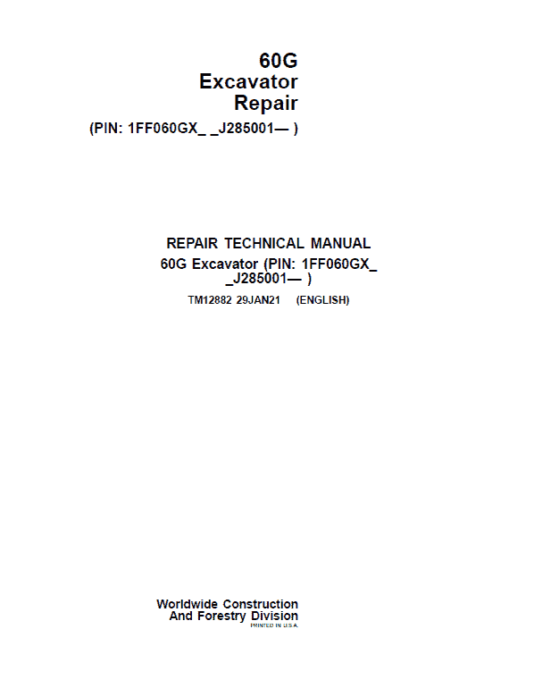 John Deere 60G Excavator Repair Technical Manual (S.N after J285001 – ) Workshop Guide