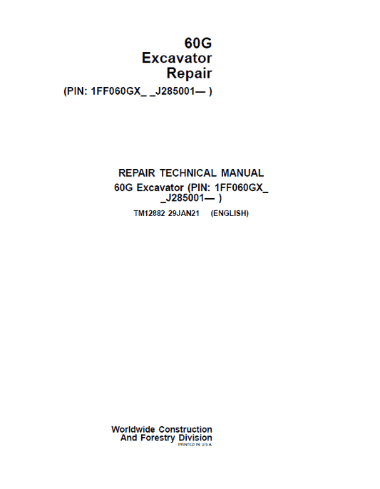 John Deere 60G Excavator Repair Technical Manual (S.N after J285001 – ) Workshop Guide